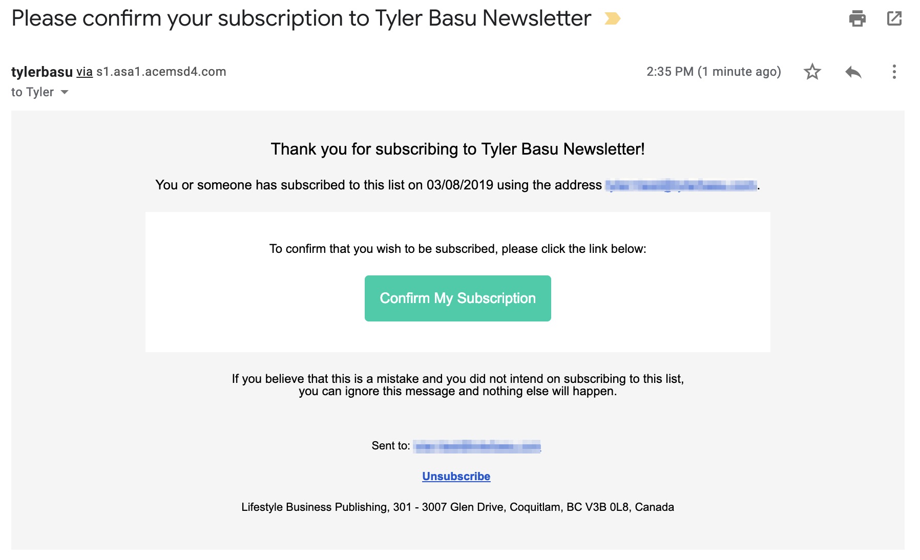 Tyler Basu Content Marketing Strategist Email Confirmation